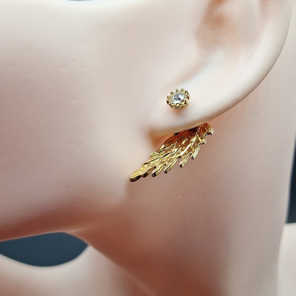 Gold Wing Stud Earrings with Crystal Accent – Angelic Boho Statement Jewelry